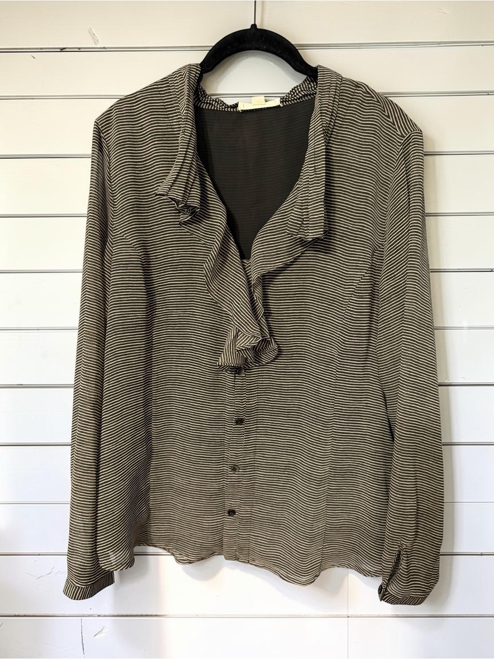 Coldwater Creek XL Striped Ruffle Blouse Cottage Chic Office Quiet Luxury Top